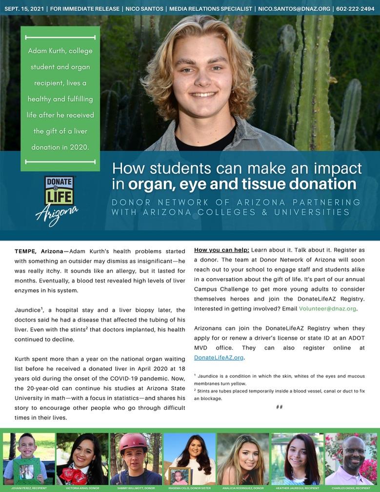 Adam Kurth featured by Donate Life Arizona in 2021